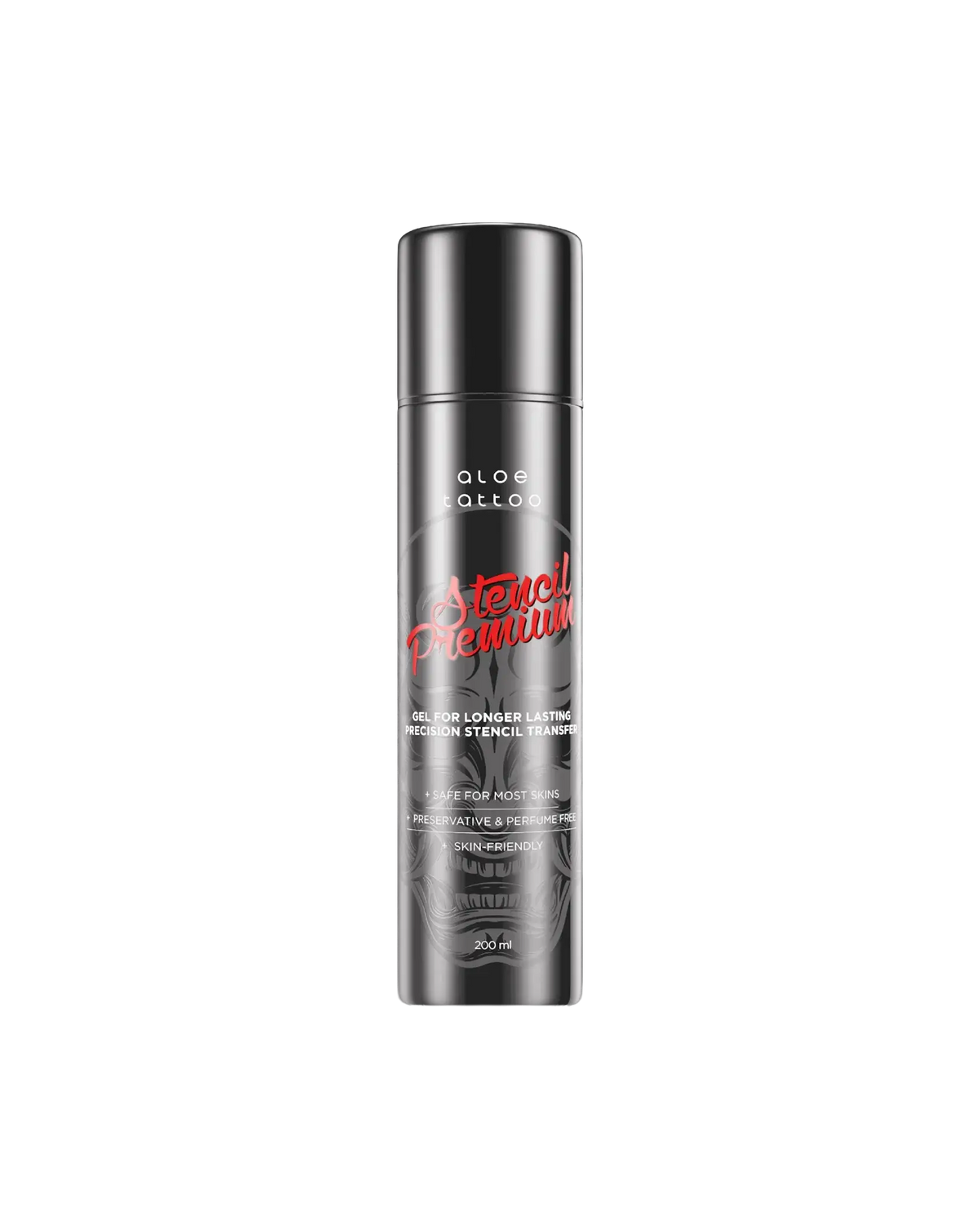 A sleek black cylindrical bottle of aloe tattoo stencil premium gel with bold red and white text professional stencil primer