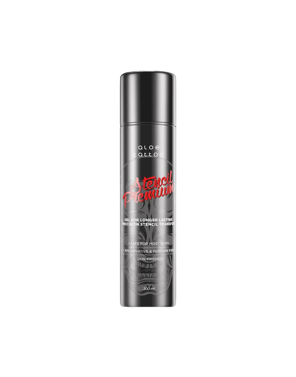 A sleek black cylindrical bottle of aloe tattoo stencil premium gel with bold red and white text professional stencil primer