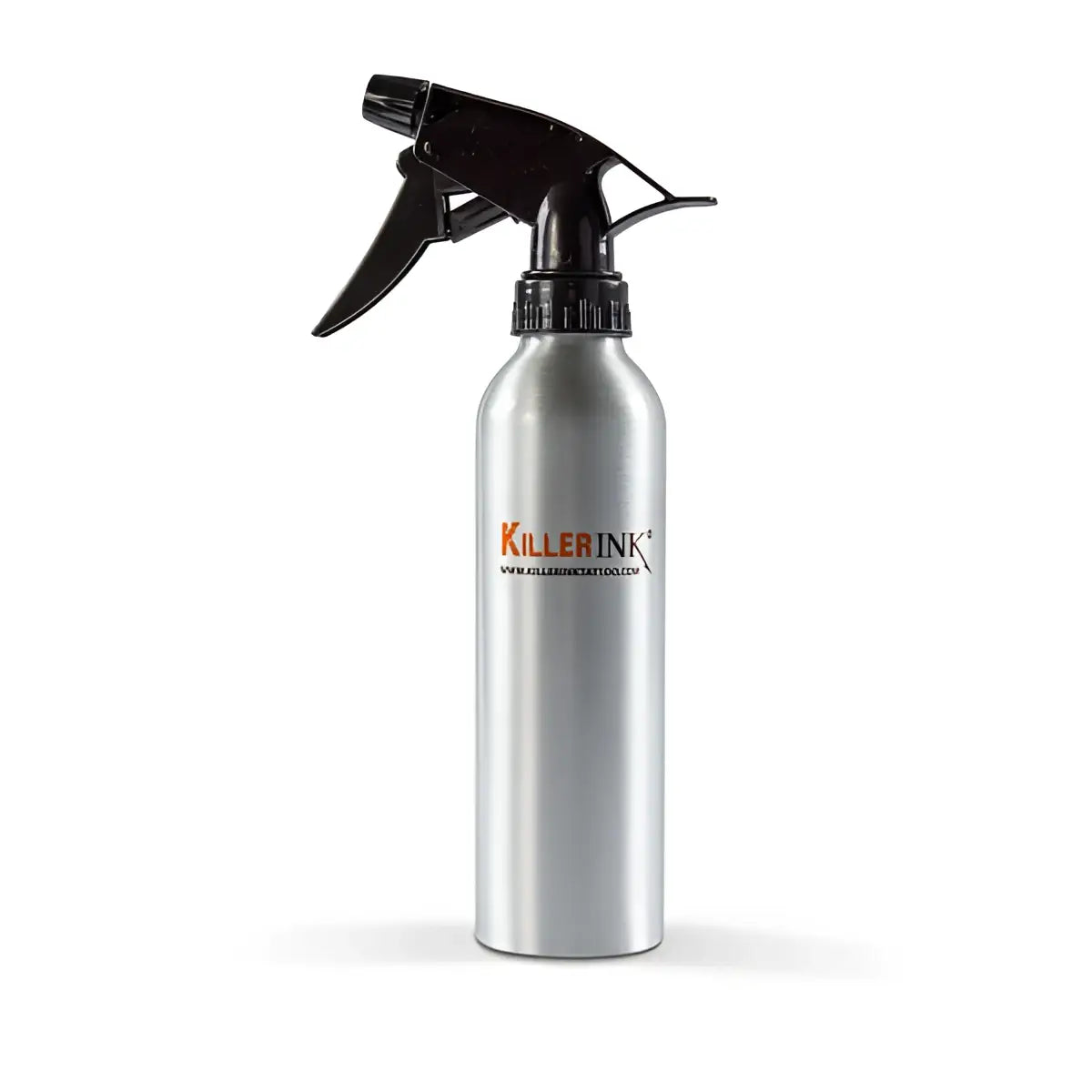 Silver aluminum spray bottle 250ml with black trigger nozzle and killer ink branding for versatile use