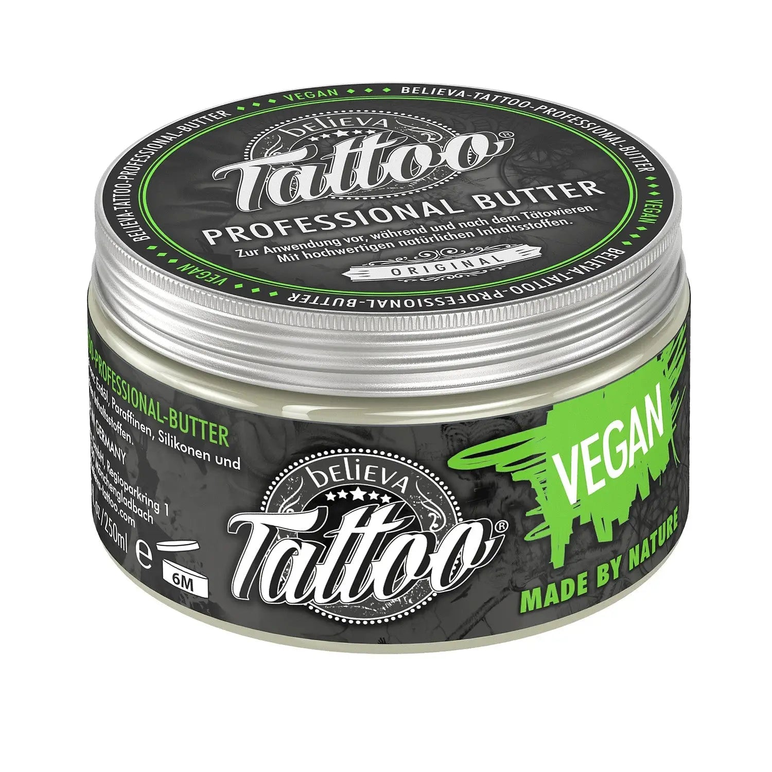Black and green labeled jar of believa tattoo professional butter vegan aftercare made by nature 250ml