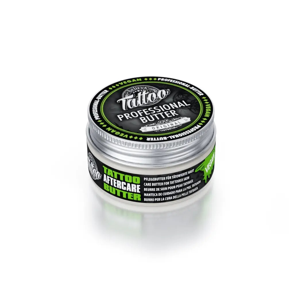 Silver jar mit BELIEVA Tattoo Professional Butter Original Aftercare Balm mit grünem und schwarzem Etikett 25ml