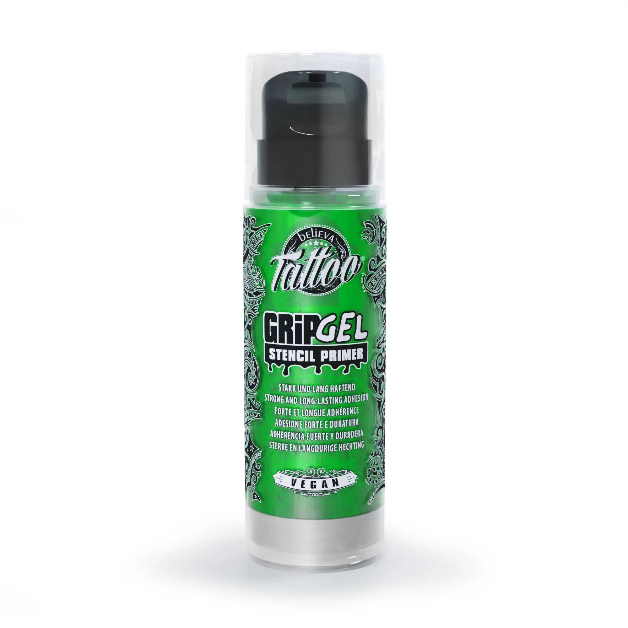 Believa tattoo grip gel stencil primer in green clear bottle with black pump and ornate label design 250ml