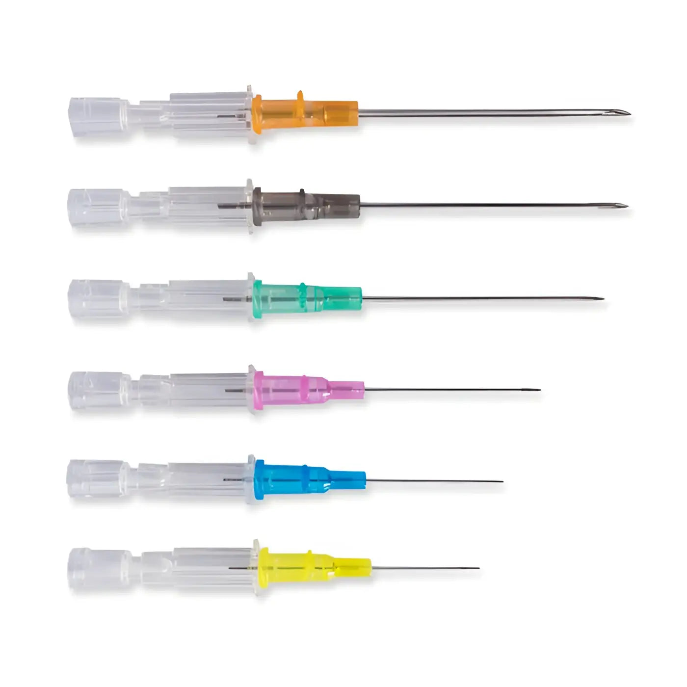 Set aus sechs sterilen farbcodierten intravenösen Kathetern mit transparenten Kunststoffansätzen und Metallnadeln von Braun Introcan Certo