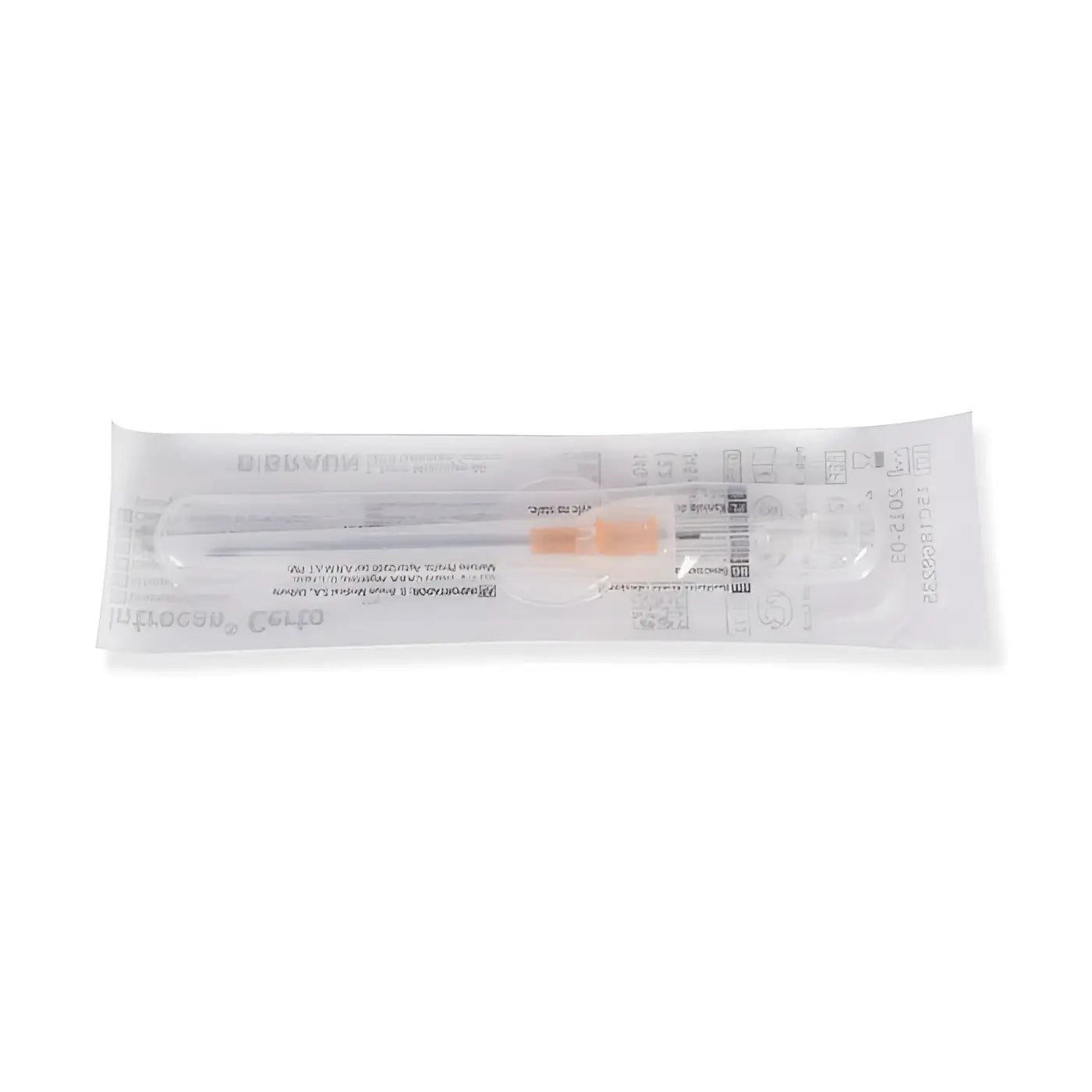 Eine sterile transparente Kunststoffverpackung mit zwei Braun Introcan Certo medizinischen Spritzen mit orangefarbenen Kolben