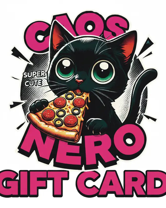 A black cartoon cat with green eyes holding pepperoni pizza in front of bold pink nero gift card text illustration