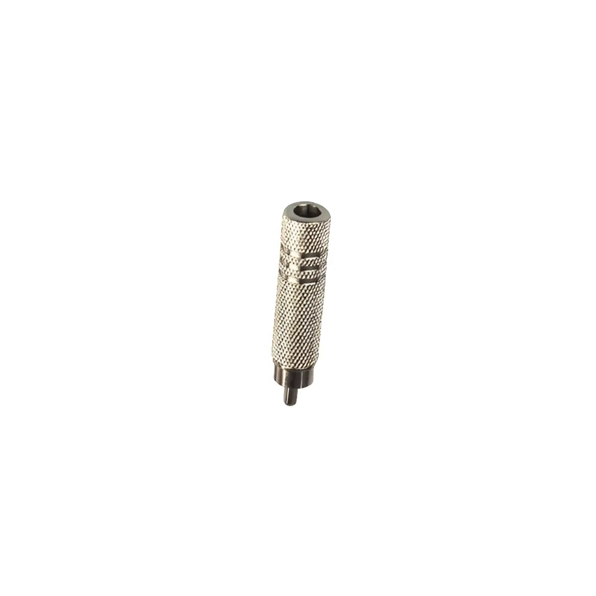 Silver-colored metal cheyenne adapter plug with knurled grip converting chinch rca plug to 6.3 mm jack socket