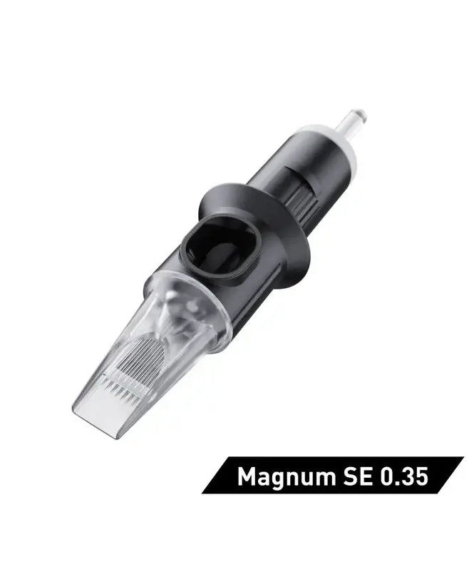 Black magnum se 0.35 tattoo needle cartridge with clear plastic tip and textured grip for secure handling by cheyenne