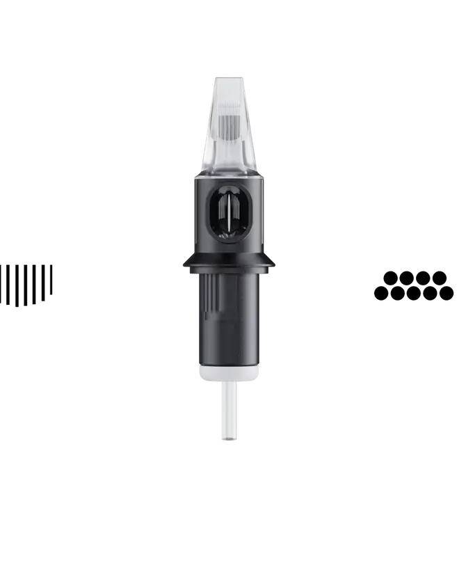 Black and clear curved magnum tattoo needle cartridge with sleek cylindrical design by cheyenne for safety use