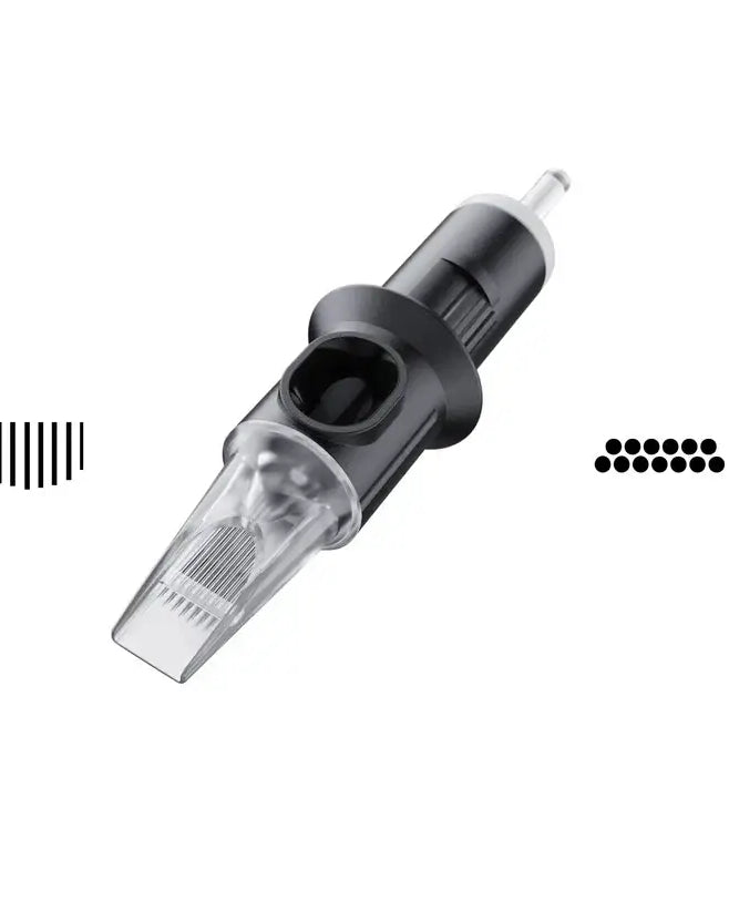 Black and clear cheyenne safety tattoo needle cartridge with transparent housing showing curved magnum needles