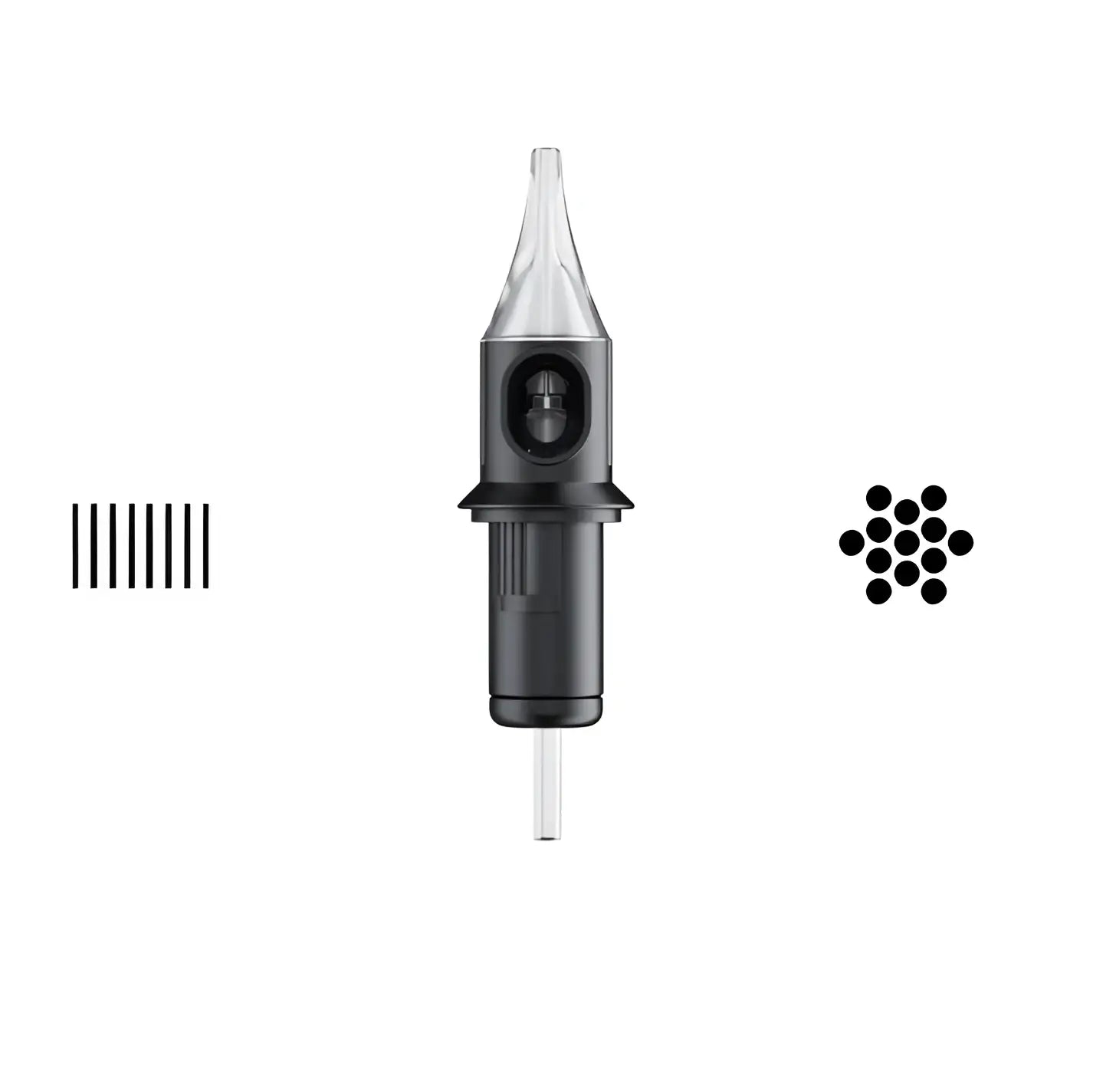 Black cheyenne round liner tattoo needle cartridge with clear plastic tip and metallic shaft for safety use