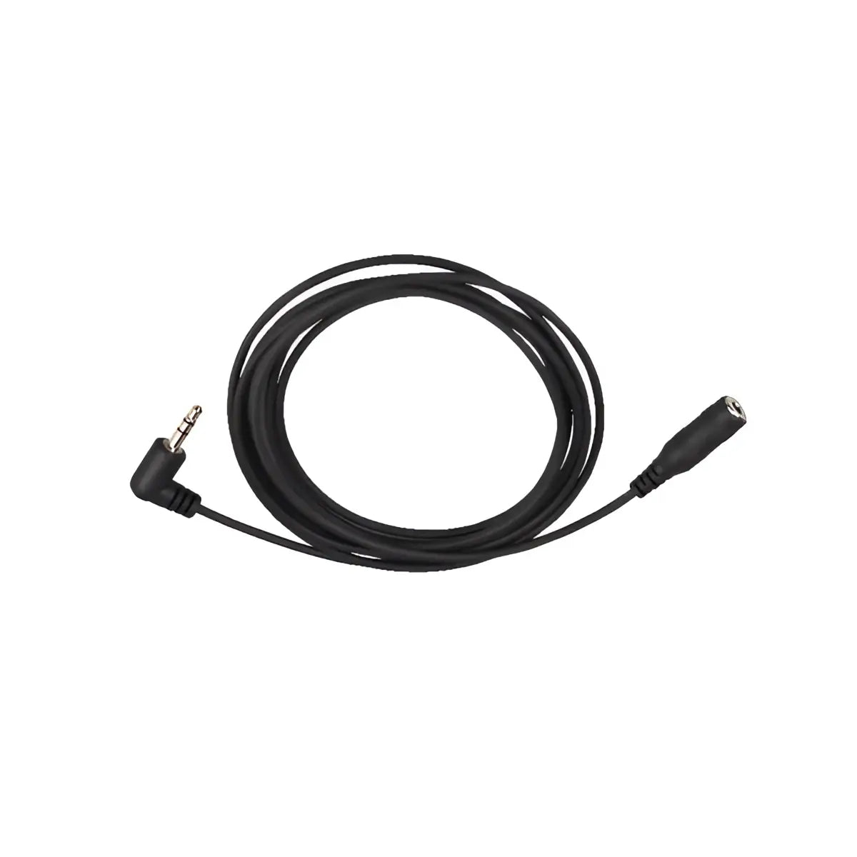 Schwarzes CHEYENNE Hawk-Audiokabel mit gewinkeltem 3,5-mm-Stecker und Buchse, aufgewickelt auf weißem Hintergrund