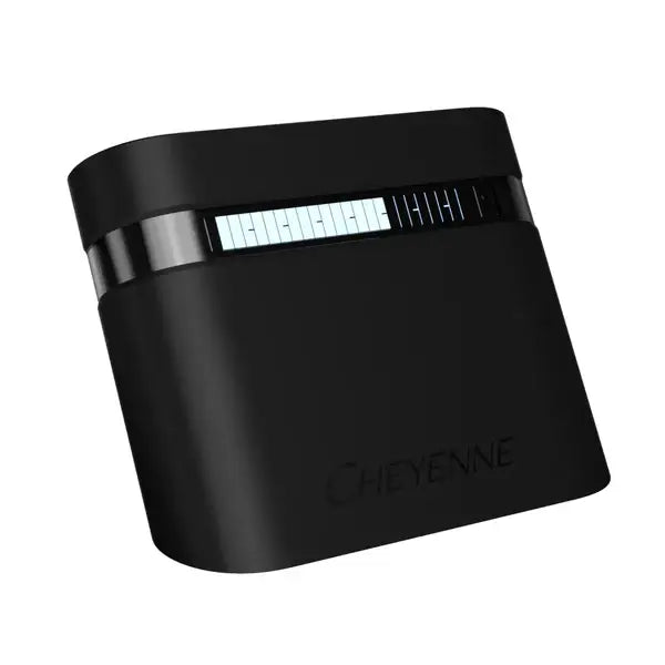 Black Cheyenne portable charger with sleek curved design silver accent and illuminated battery indicator power supply Hawk PU III