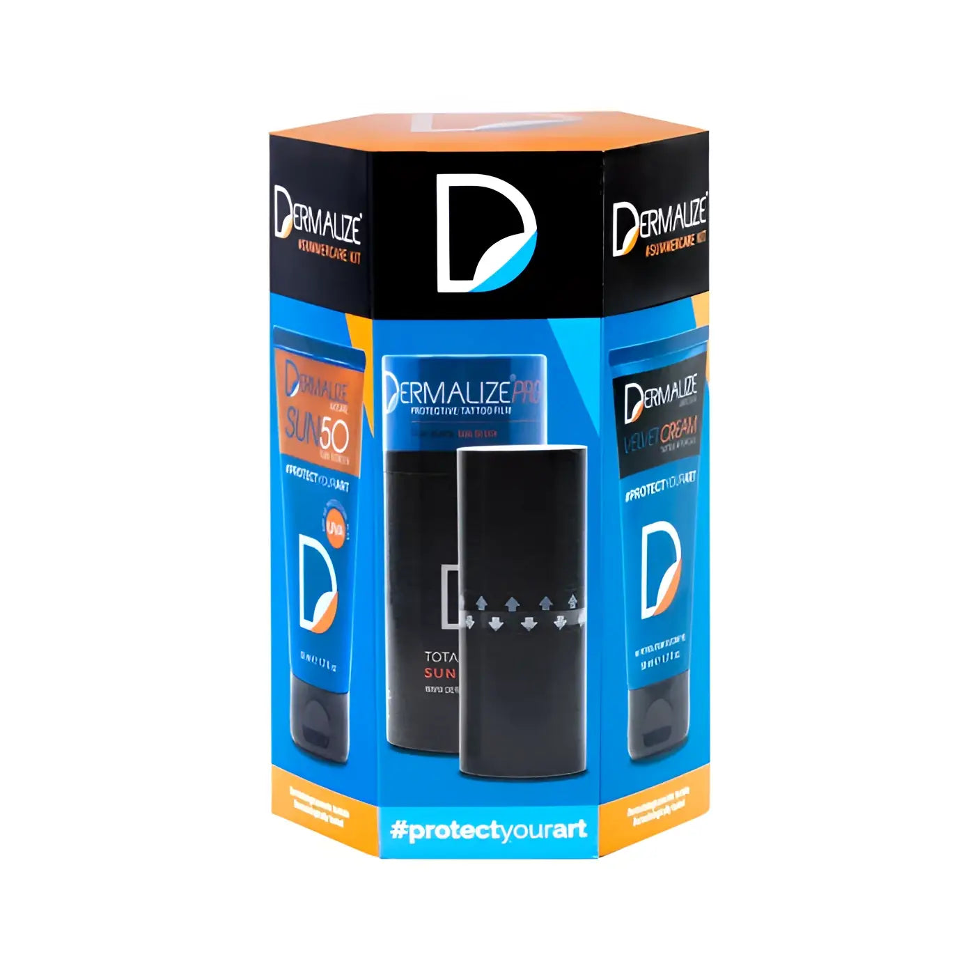 DERMALIZE Sommerpflege-Set in einer leuchtend blauen und orangefarbenen sechseckigen Box mit drei schwarzen Hautpflege-TUBES und weißem Branding