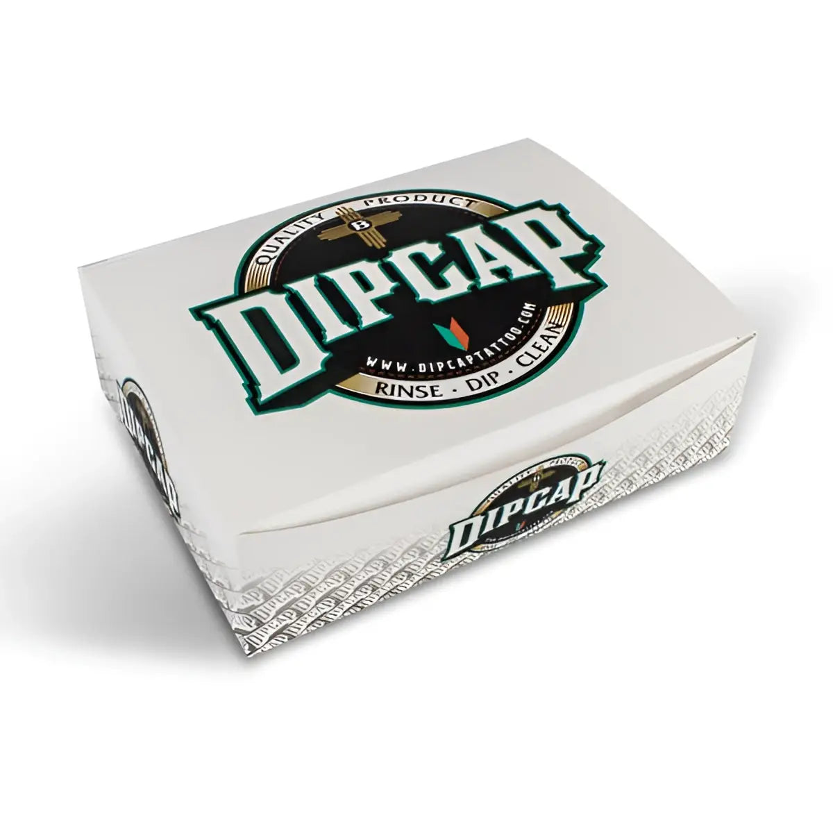Weiße rechteckige Dipcap-Box mit grün-schwarzem Logo zum Spülen, Dippen und Reinigen von 24 Einweg-Nadeln