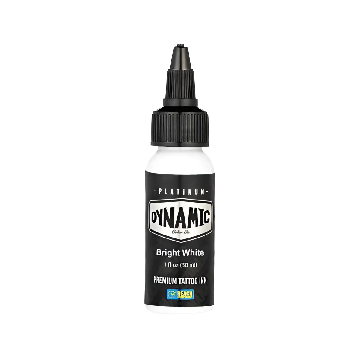 Eine elegante schwarz-weiße Flasche dynamic platinheller weißer Tattoo-Farben mit präzisem tip für den professionellen Einsatz