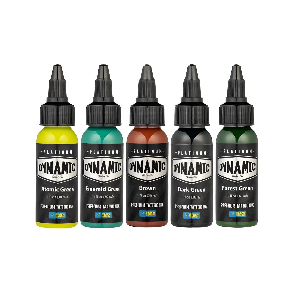 Fünf Flaschen dynamic Platinum Premium-Tattoo-Farben in Erdtönen mit schwarzen Verschlüssen im 5x30-ml-Set