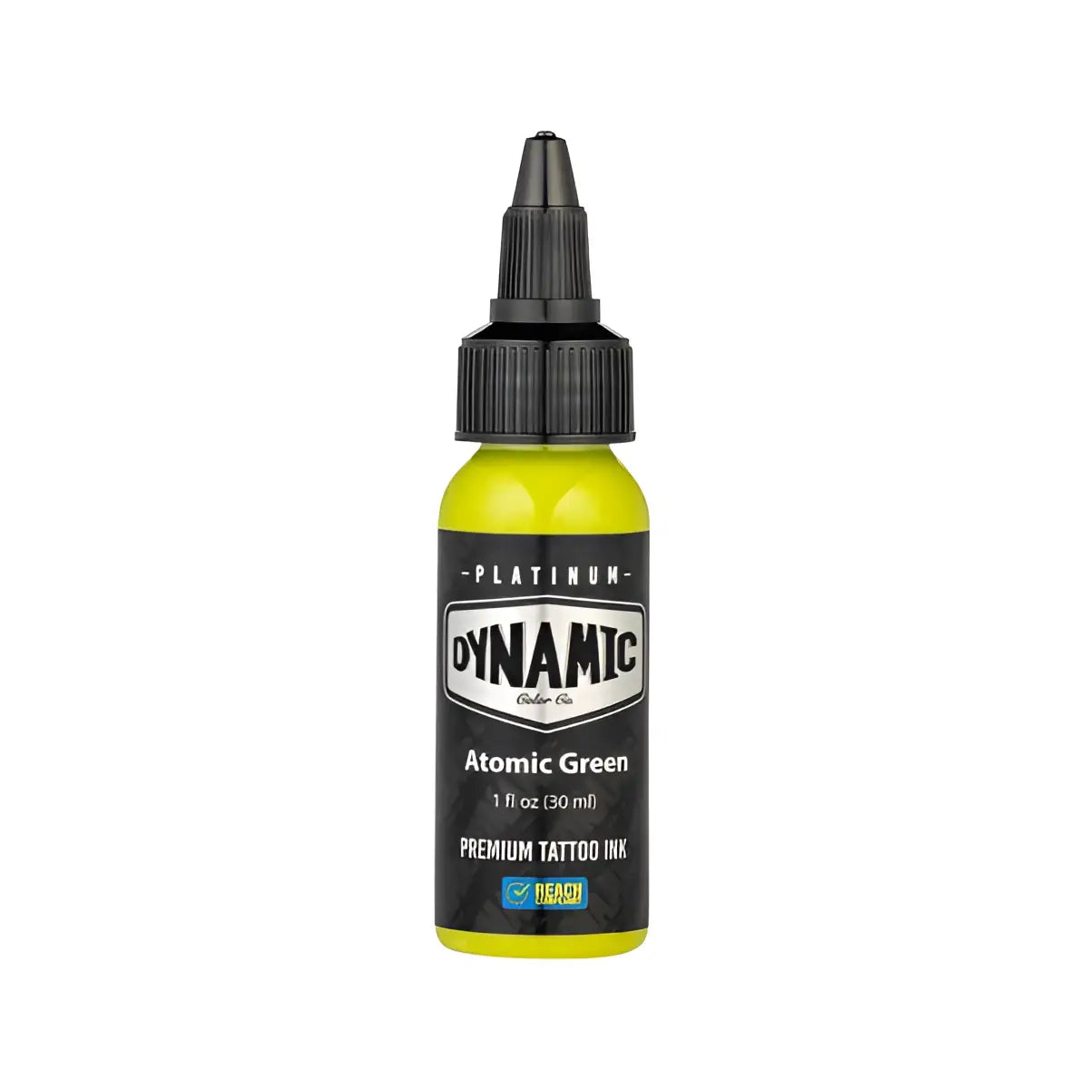 Leuchtende neongrüne Tattoo-Farben-Flasche mit schwarzem Deckel aus dem dynamic Platinum Earth Set, 5x30 ml