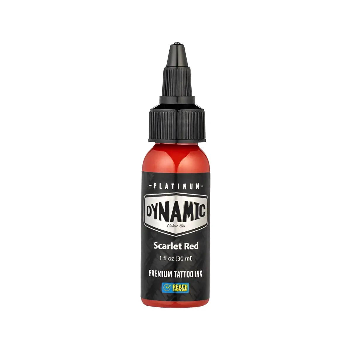 Scharlachrote Tattoo-Farben in einer eleganten, transparenten roten Flasche mit schwarzem Verschluss und Etikett aus dem dynamic Platinum Envy Set