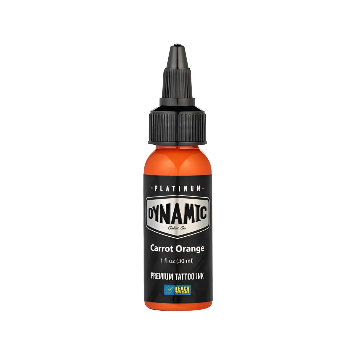 Karottenorange Tattoofarbe in einer eleganten schwarzen 30-ml-Flasche mit Präzisionstropfer aus dem DYNAMIC Platinum Fire-Set
