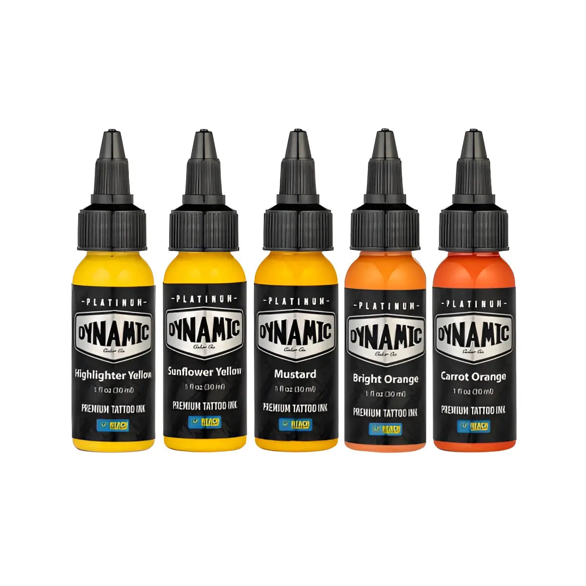 Fünf Flaschen dynamic Platin-Premium-Farben in leuchtenden Gelb- und Orangetönen für Feuer-Set 5x30 ml