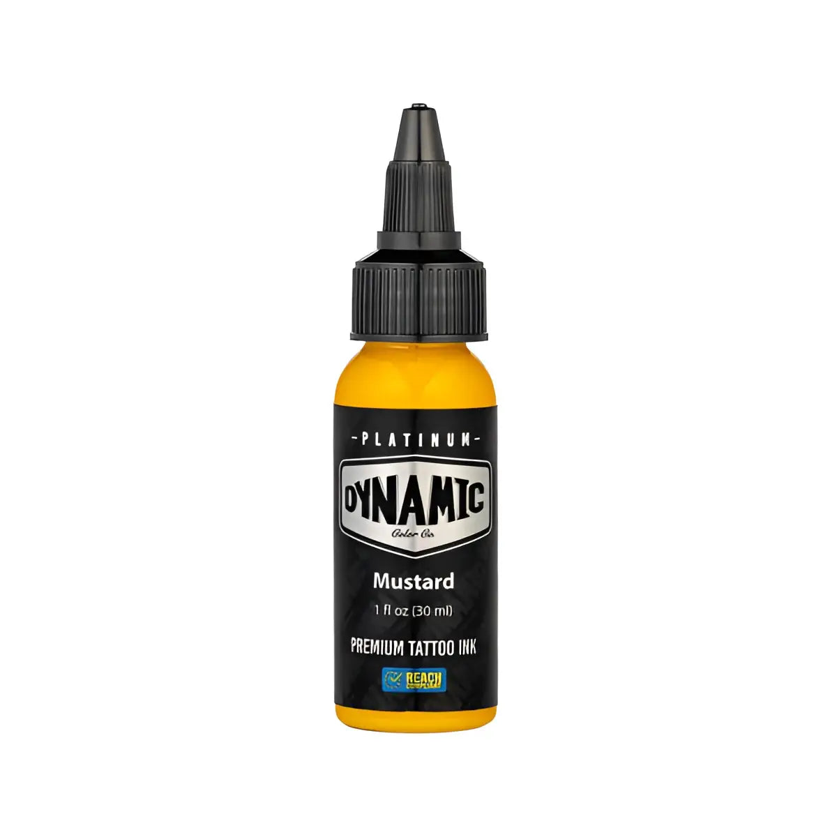 Eine leuchtend gelb senffarbene Tätowierfarbenflasche mit schwarzem Deckel und Etikett aus dem dynamic Platinum Fire Set, 30 ml