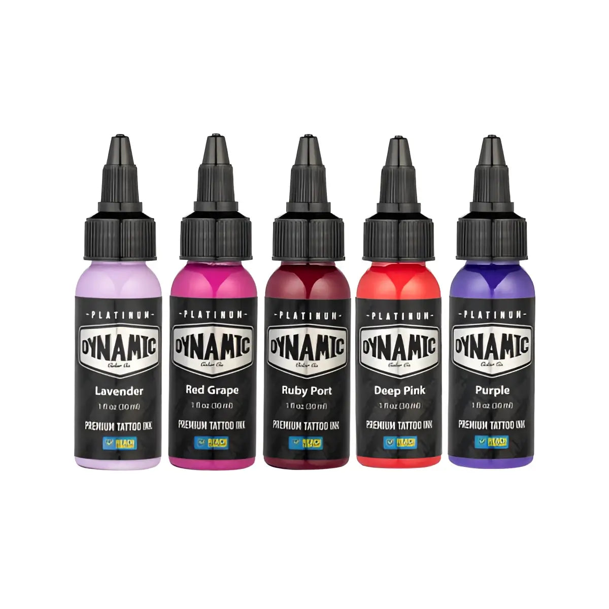Five bottles of dynamic platinum premium tattoo ink in lavender red grape ruby port deep pink and purple 5x30 ml set