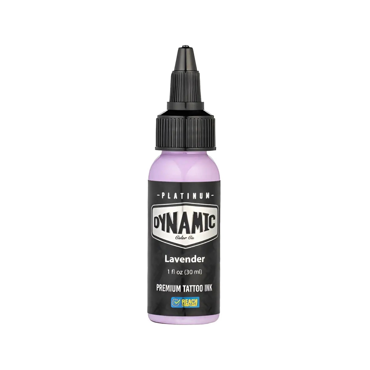 A sleek 1 fl oz bottle of dynamic platinum lavender tattoo ink with black cap and label from lush set
