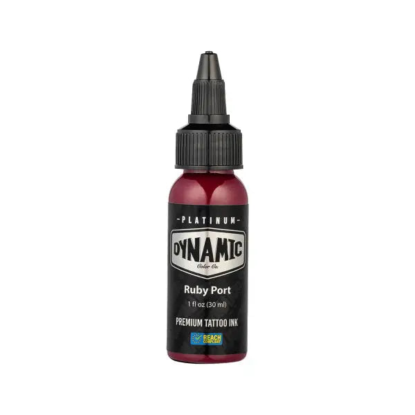 A sleek 1 fl oz bottle of dynamic platinum ruby port tattoo ink with a black cap and label from the lush set