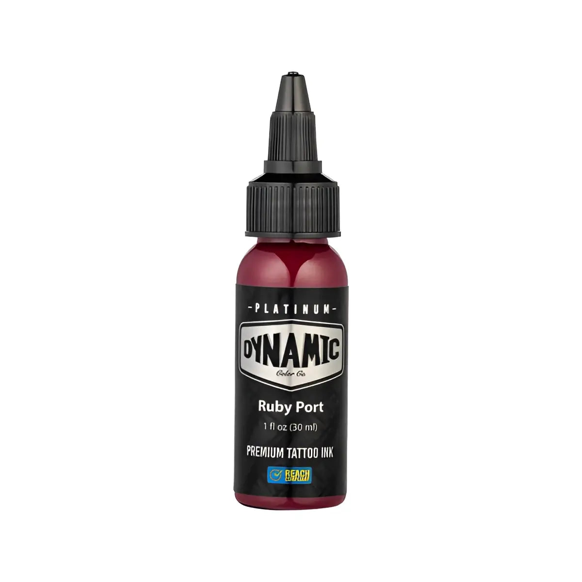 A sleek 1 fl oz bottle of dynamic platinum ruby port tattoo ink with a black cap and label from the lush set