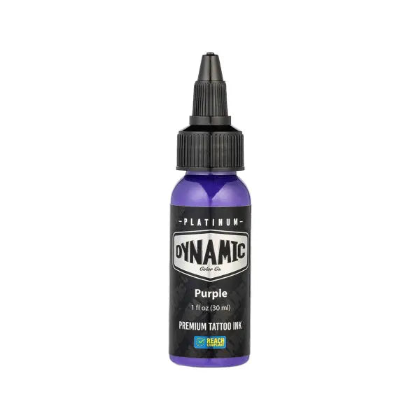 A sleek translucent purple bottle of dynamic tattoo ink with black cap and label showing 1 fl oz volume from platinum lush set