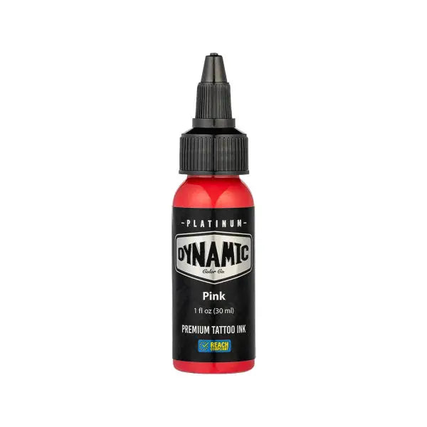 A vibrant red 1 fl oz bottle of dynamic platinum pink premium tattoo ink with a black screw-on cap and label