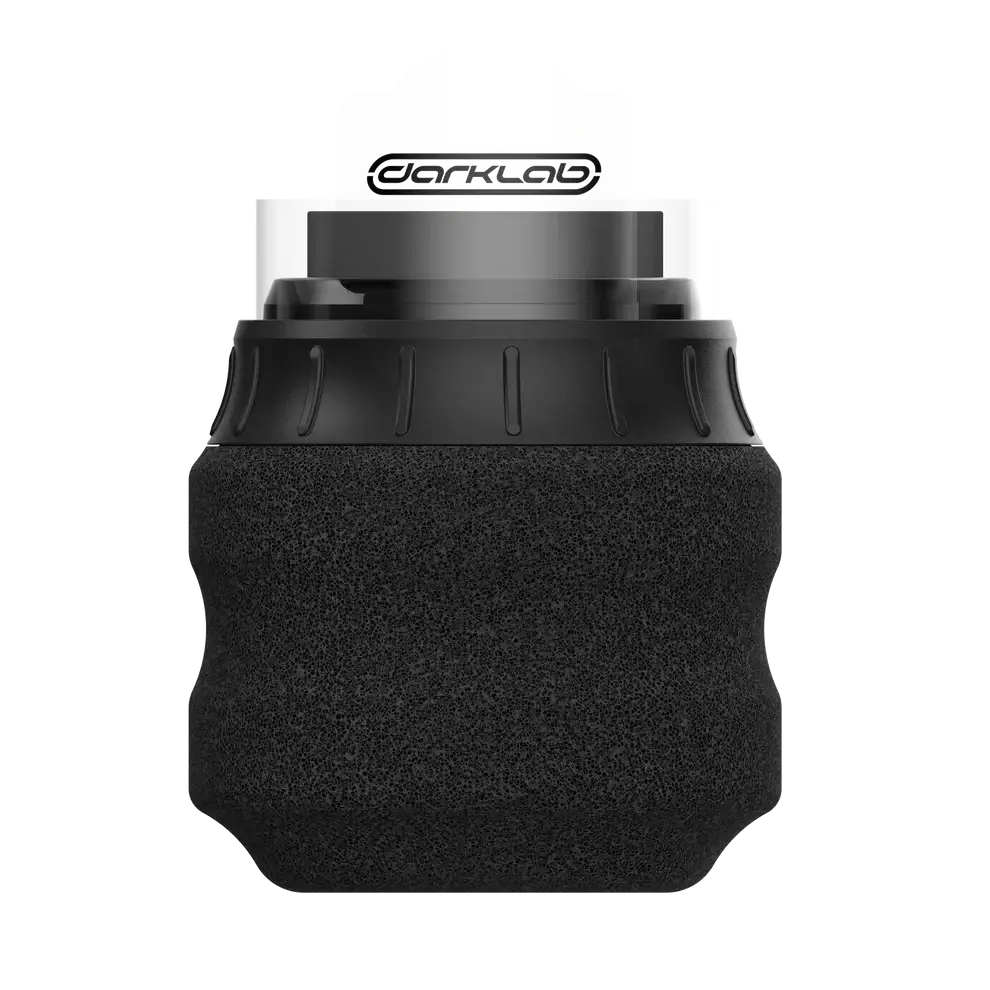 Black textured foam tattoo grip with clear and black top section featuring darklab logo for ergonomic use