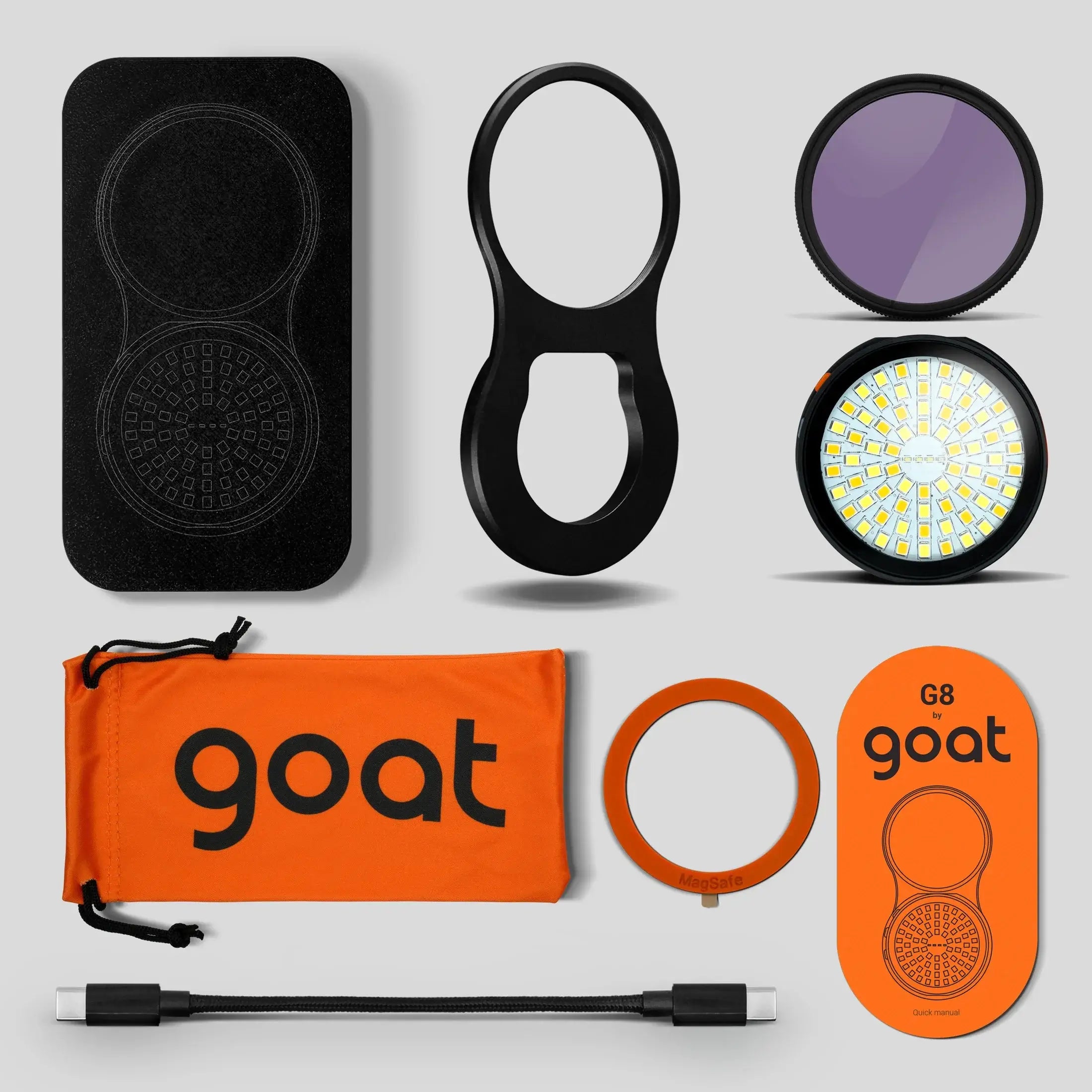 Black circular led light with a yellow led grid and black casing for the goat g8 v2 combo product
