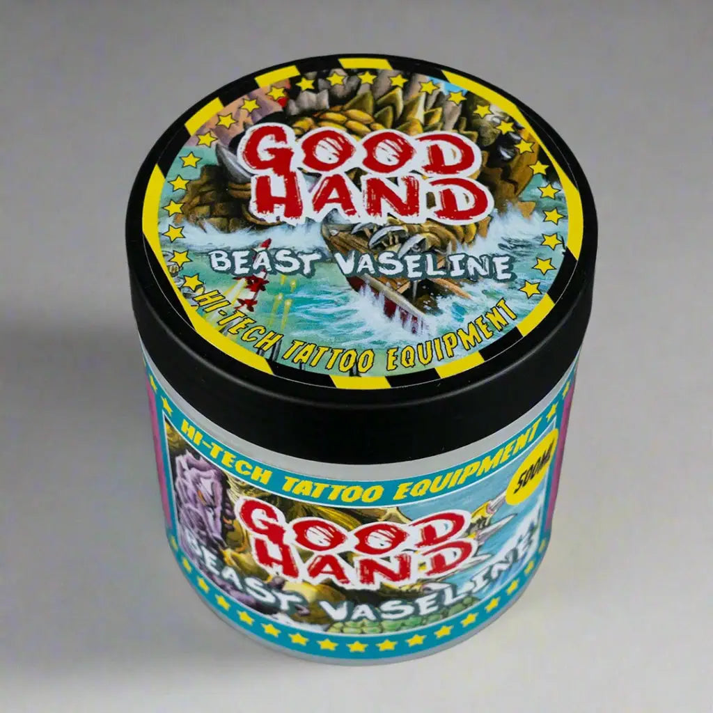 Good hand beast vaseline 500ml in leuchtendem Behälter im Comic-Book-Stil mit fetter roter und gelber Schrift auf schwarzem Deckel