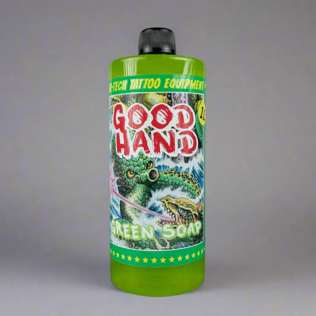 A vibrant green plastic bottle of GOOD HAND green soap concentrate with a black cap and dragon illustration label