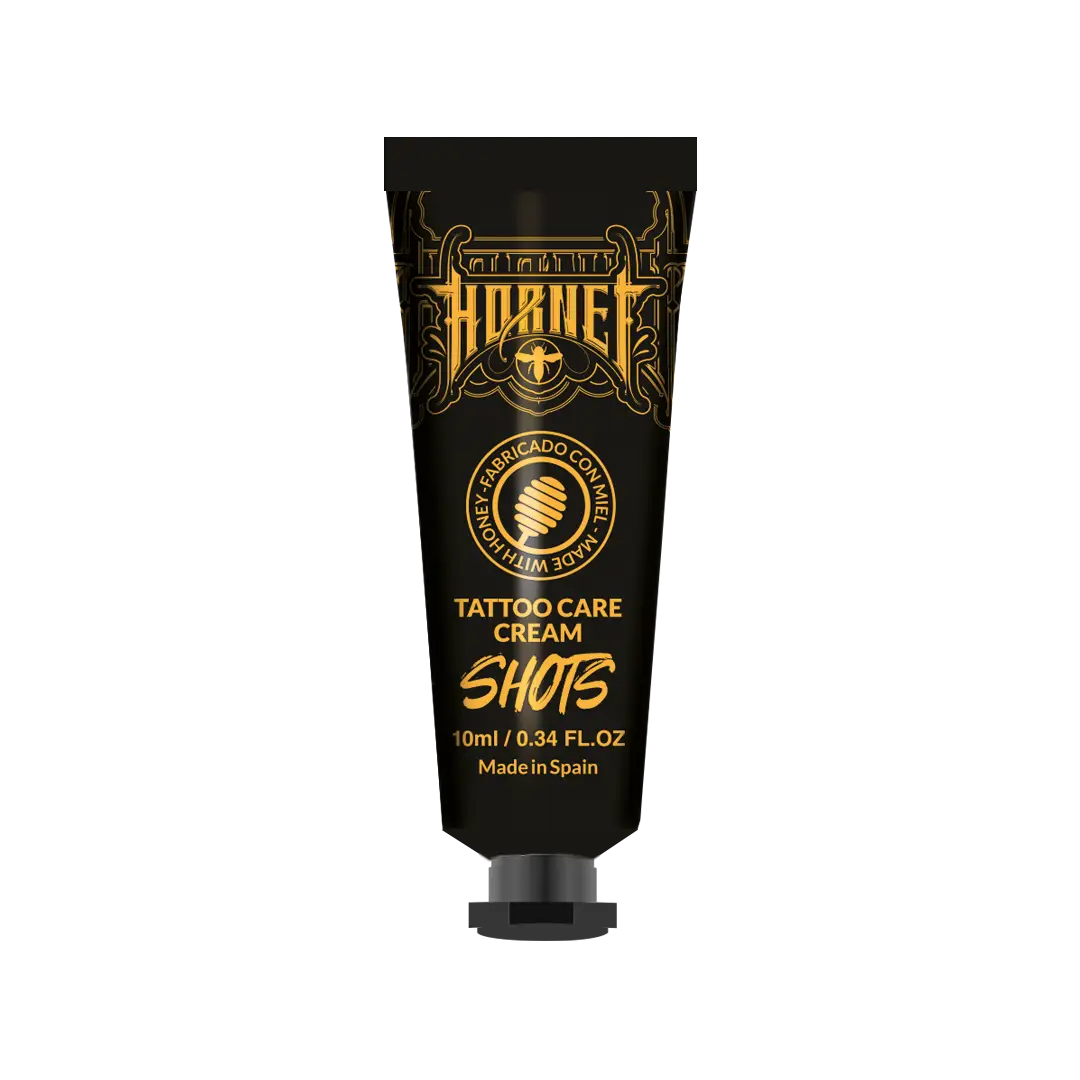 Black tube of Hornet tattoo care cream shots 10ml with gold foil branding and black cap for tattoo aftercare