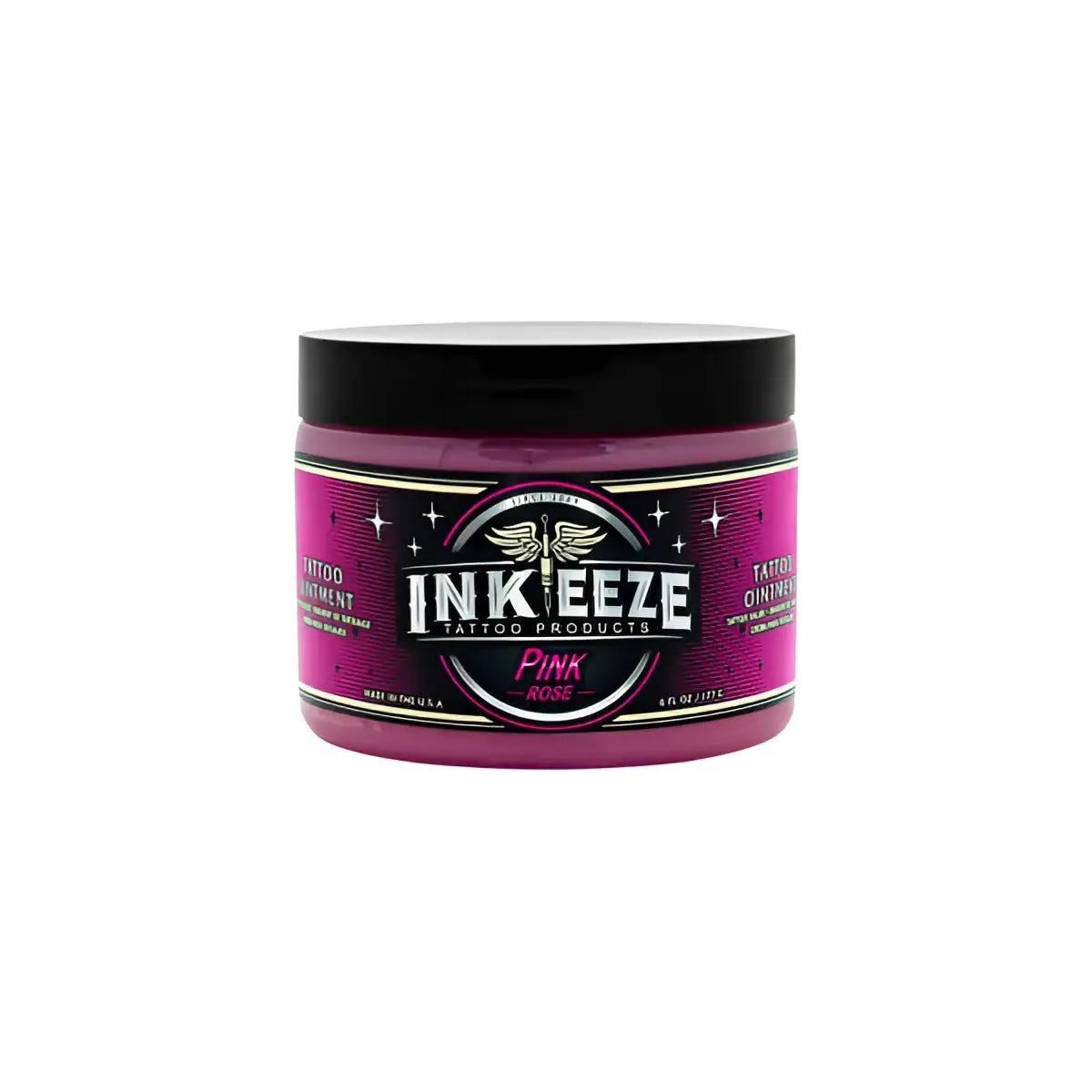 Ink-eeze pinke Glide-Tattoo-Salbe in einem magentafarbenen Glas mit schwarzem Deckel und metallisch-silbernem Etikettendesign für die Tattoo-Pflege