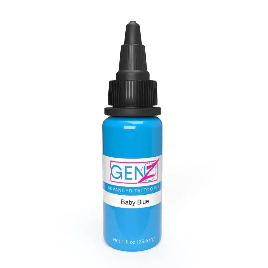 A vibrant blue genz tattoo ink bottle with a black dropper cap labeled baby blue for advanced tattoo use