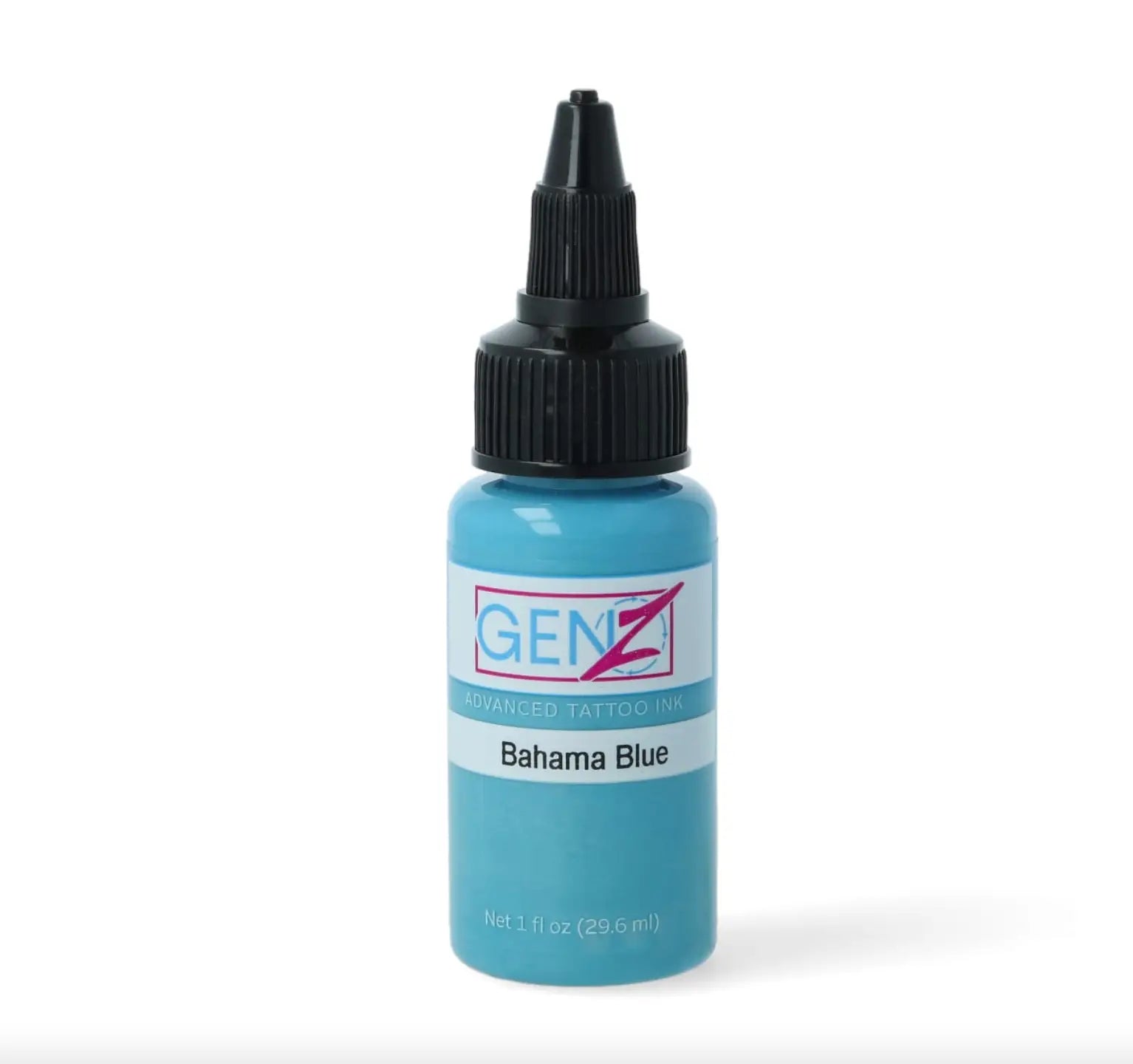 A small translucent turquoise bottle of INTENZE GEN-Z bahama blue tattoo ink with a black ridged screw-on cap