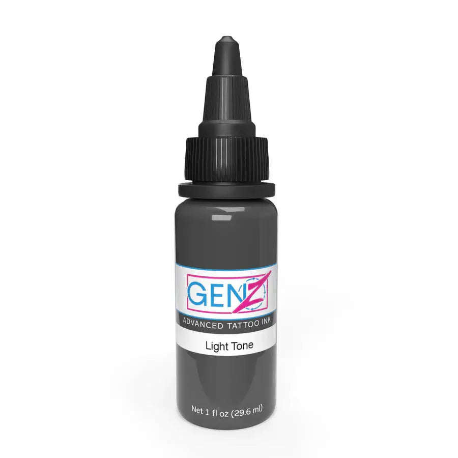 A sleek black bottle of Intenze GEN-Z advanced tattoo ink light tone with precise dropper cap and minimalist design
