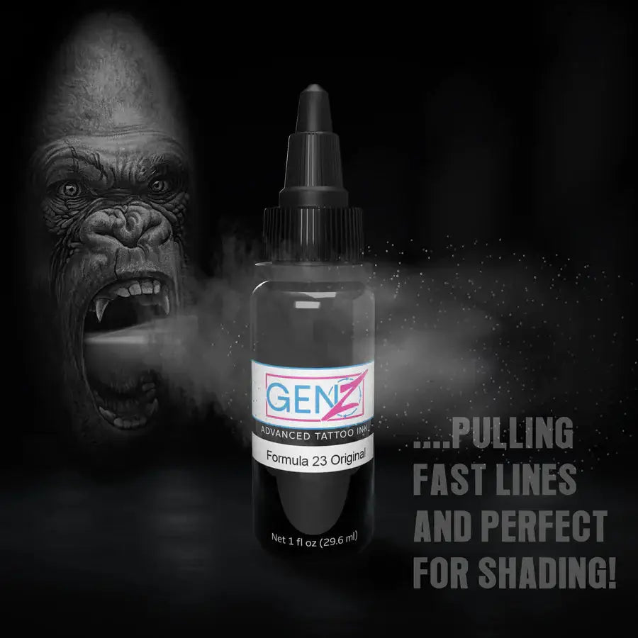 Intenze gen-z formula 23 original advanced black tattoo ink in a clear bottle with black cap and label