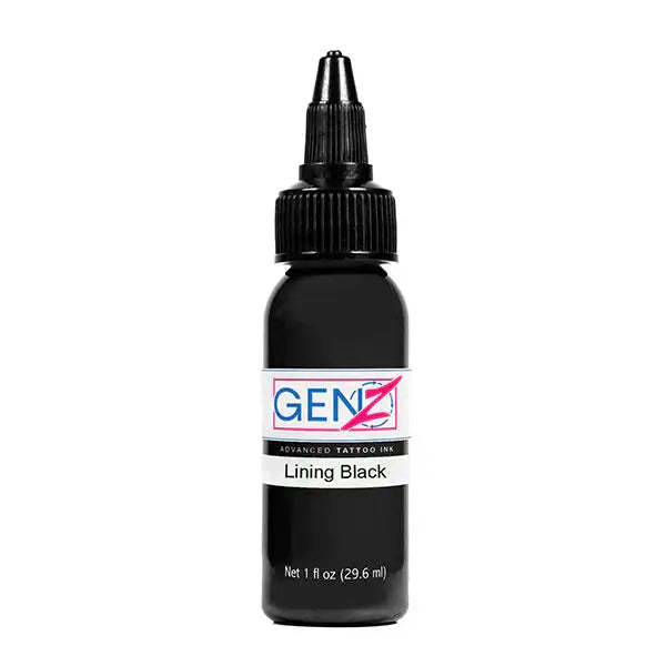 Intenze gen-z lining black advanced tattoo ink bottle with black cap and white label for precise black lining