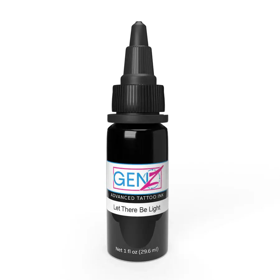Black genz advanced tattoo ink bottle with a black dropper cap labeled let there be light from Intenze Mark Mahoney set