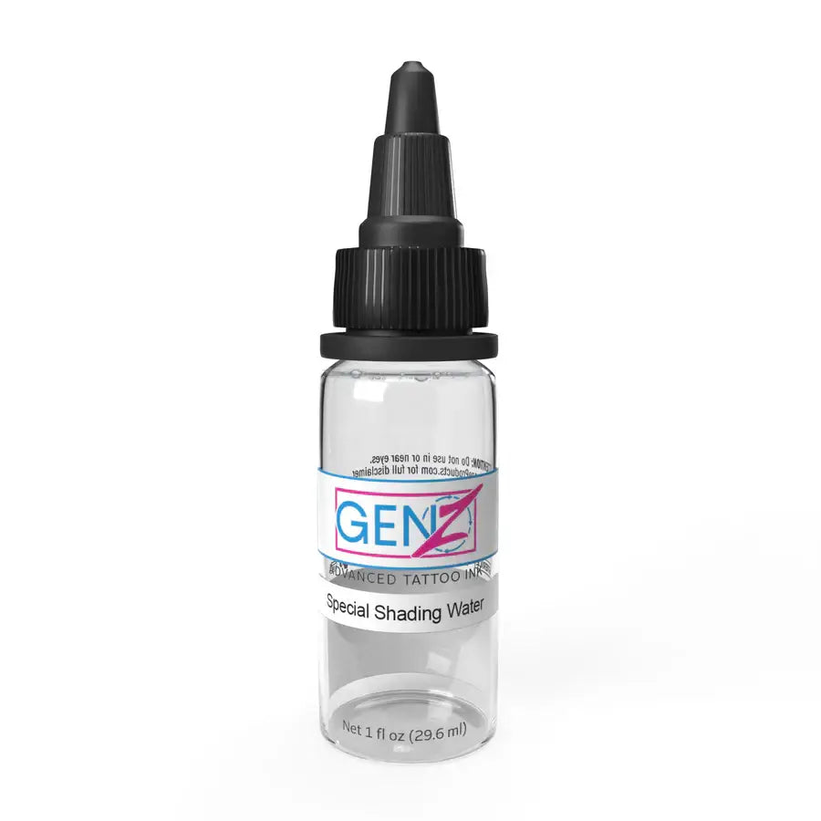 Clear glass bottle of Intenze genz advanced tattoo ink special shading solution power grey with black dropper cap