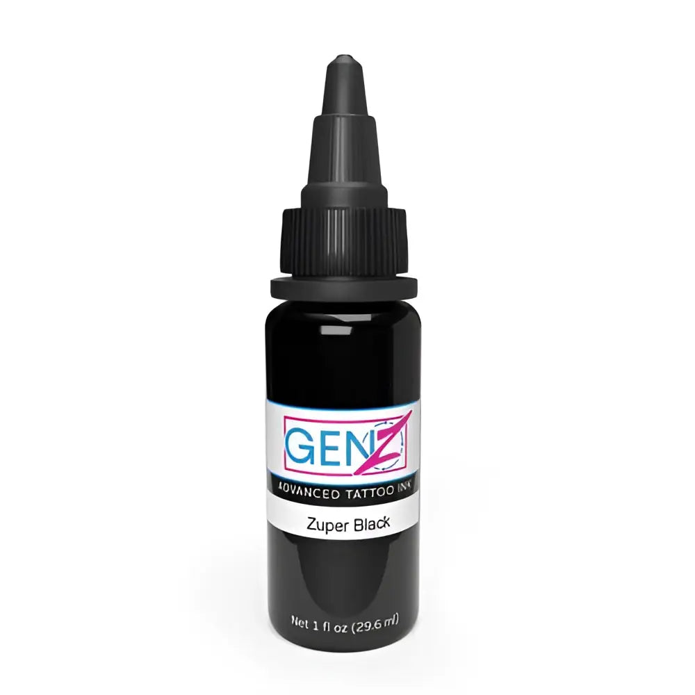 Intenze Gen-Z Zuper Black fortschrittliche Tattoo-Farben-Flasche mit schwarzem Deckel und weißem Etikett für den professionellen Einsatz