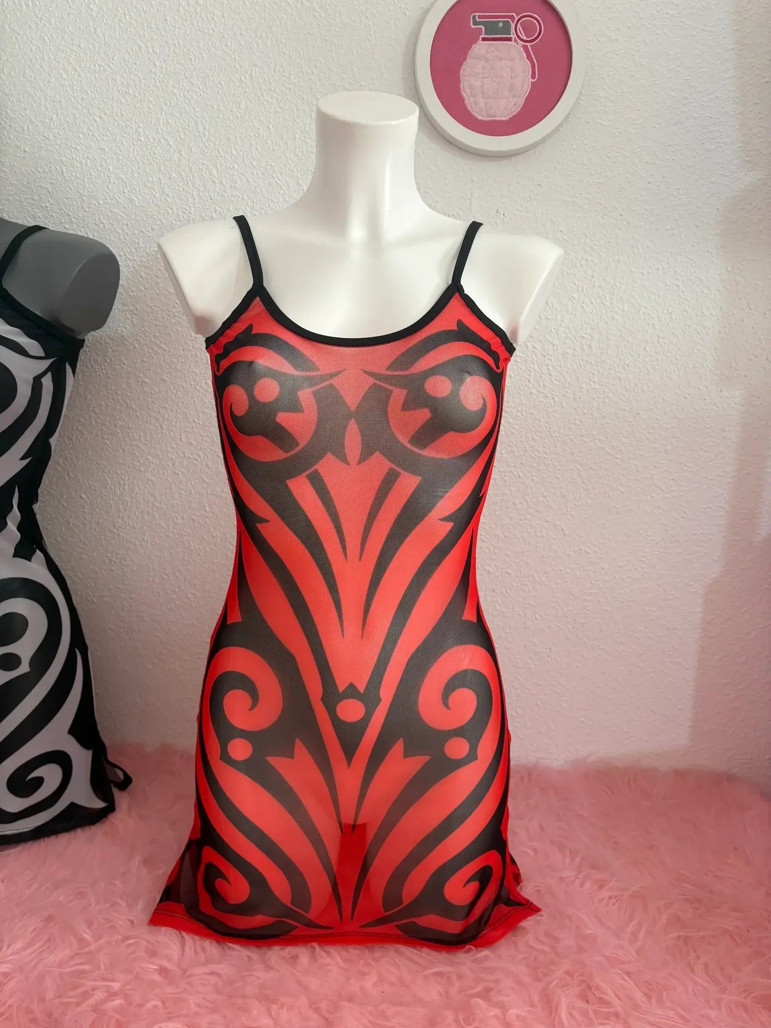 Red and black tribal-patterned mesh slip dress with thin straps from kalu ibiza much tribal coachella dress short red