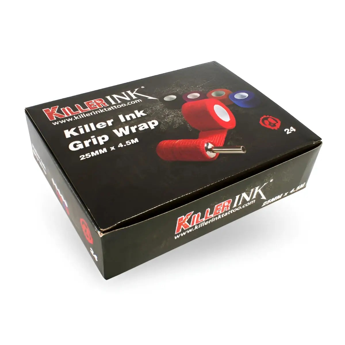 Rotes killer ink Grip-Wrap 25mm x 4.5m in schwarzer Box-Verpackung mit Produktbranding und Bildmotiven