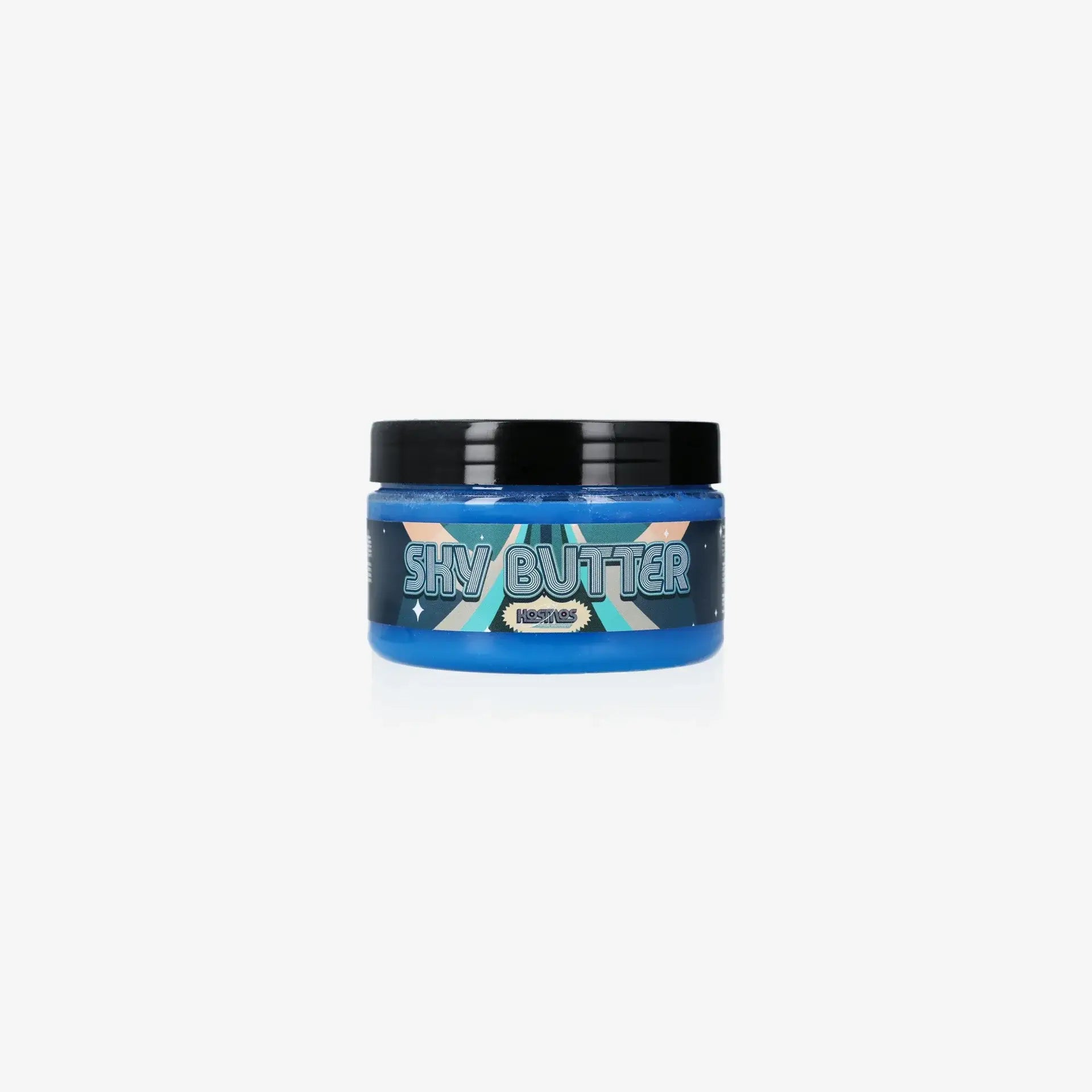 A vibrant blue glossy jar of kosmos sky butter shy butter slime with a black lid and colorful label