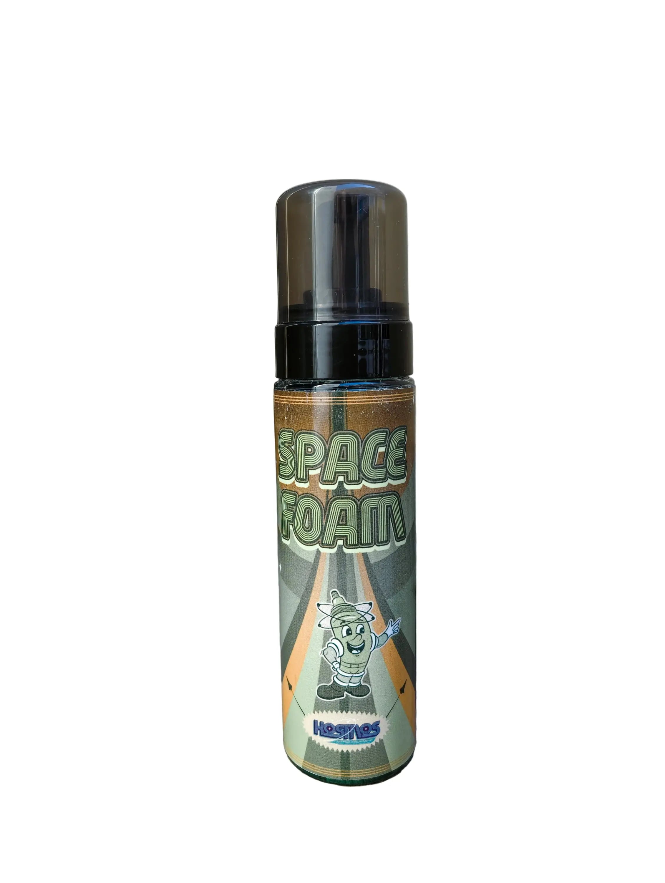A transparent kosmos space foam bottle with a black pump and a green labeled astronaut mascot by hostess