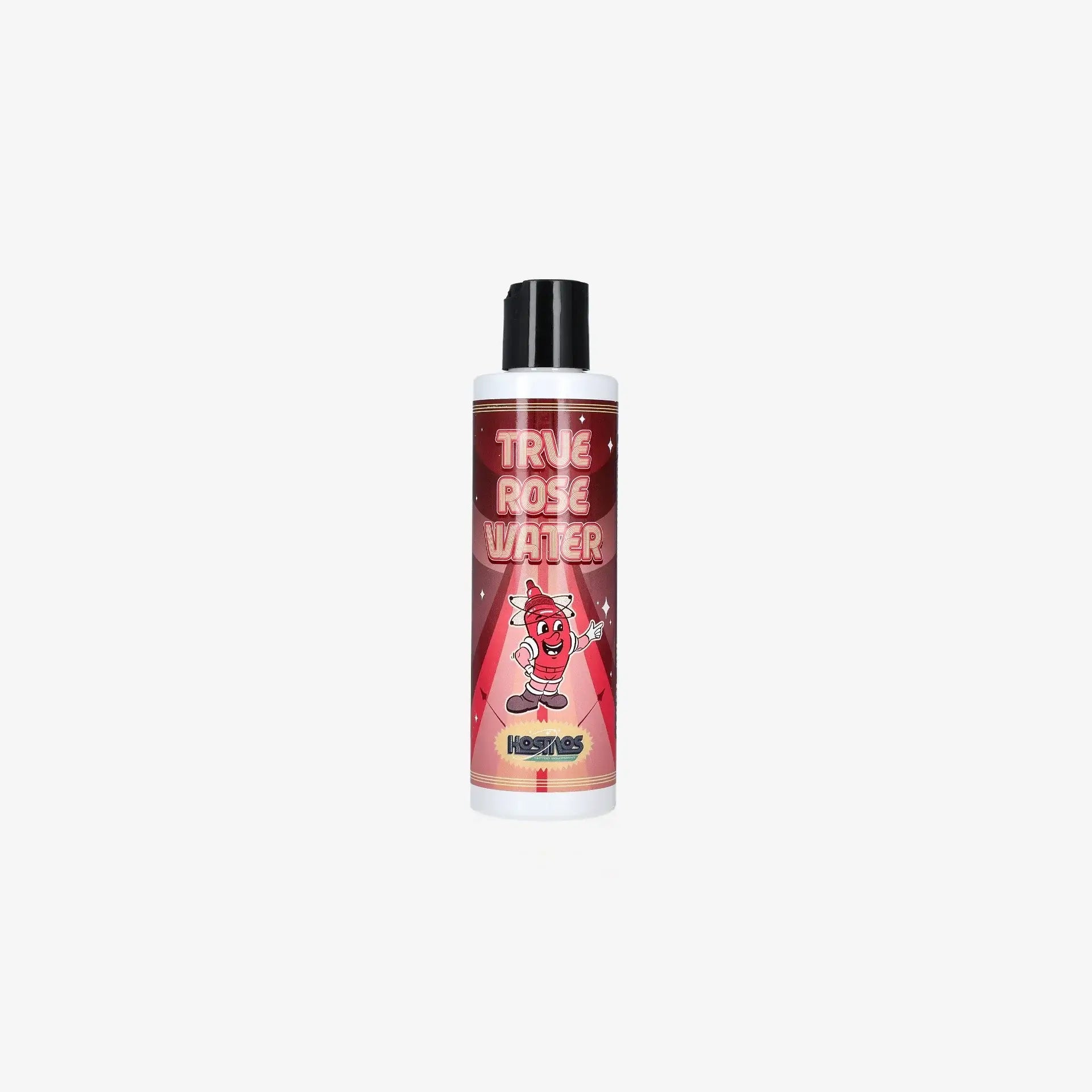 A vibrant red and pink labeled kosmos true rose water bottle with black cap featuring a cartoon character design